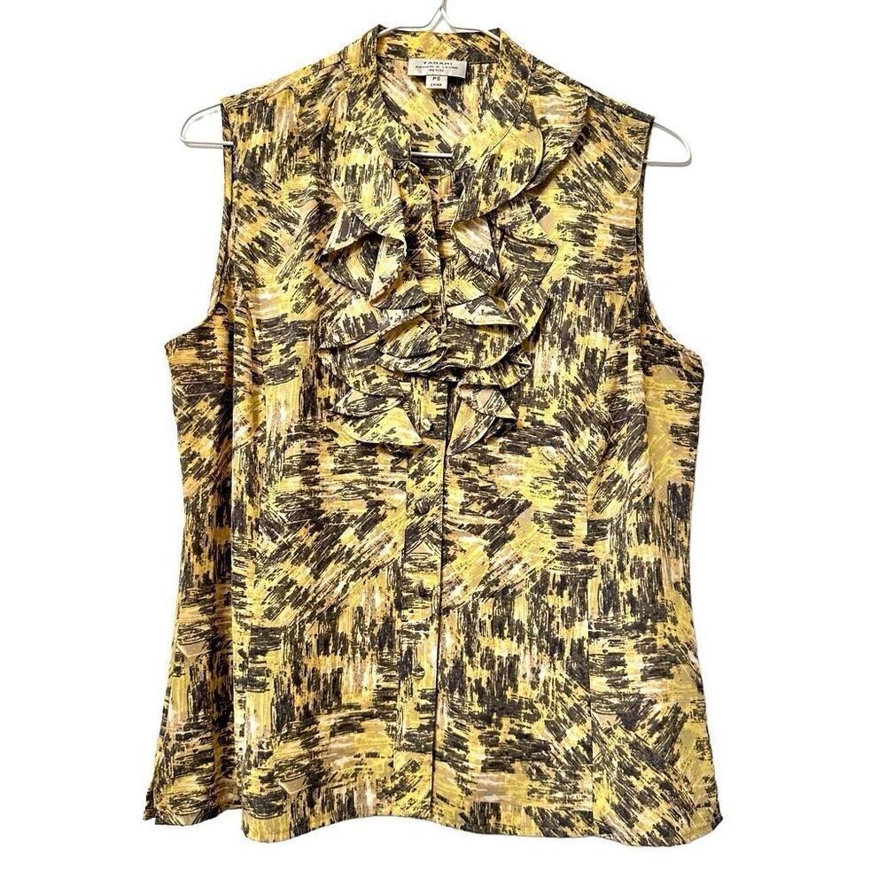 Tahari Arthur S Levine Abstract Print Ruffle Sleeveless Blouse Yellow Black PS